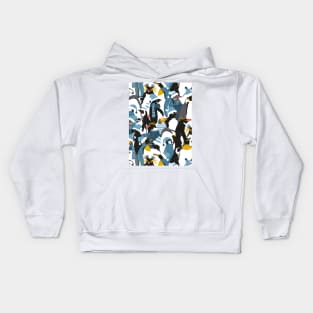 Merry penguins // pattern // black white grey dark teal yellow and coral type species of penguins blue dressed for winter and Christmas season (King, African, Emperor, Gentoo, Galápagos, Macaroni, Adèlie, Rockhopper, Yellow-eyed, Chinstrap) Kids Hoodie